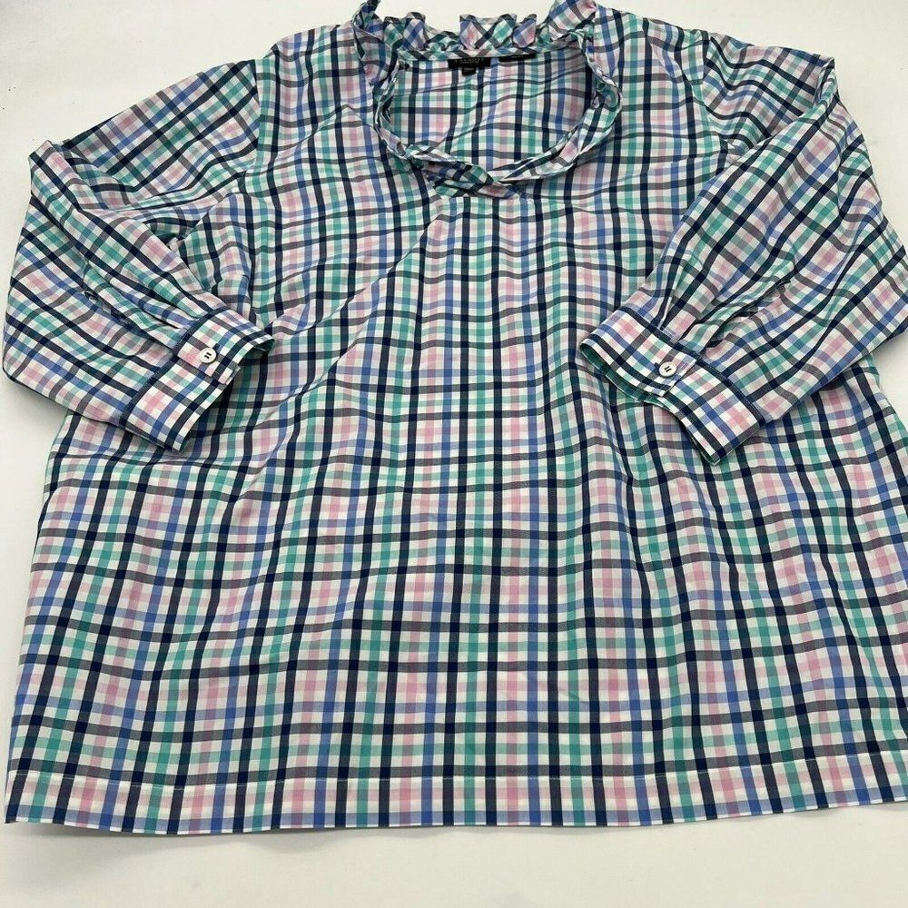 Talbots Size 14WP Multicolor Gingham Plaid 3/4 Sleeve Ruffle Neck Top Pullover - Picture 1 of 4